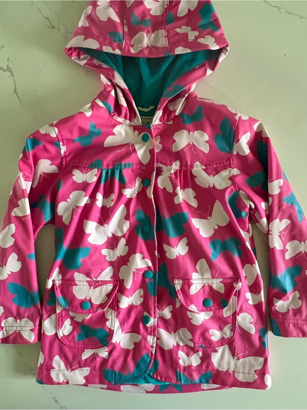 Hatley Girls Butterfly Raincoat Size 6 Pink Teal Hooded Jacket